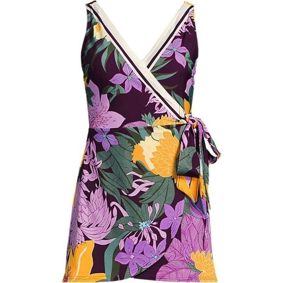 Land's End Plus Size One Piece Slender Suit Wrap Dress soft Dark Wine Blooms Var - Picture 1 of 1